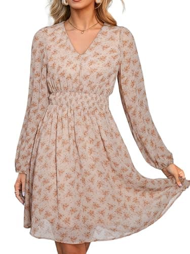 Simplee Womens Floral Mini Dress - Long Sleeve Casual V Neck Chiffon Modest Boho Flowy Fall Wedding Guest Dresses,Apricotl L