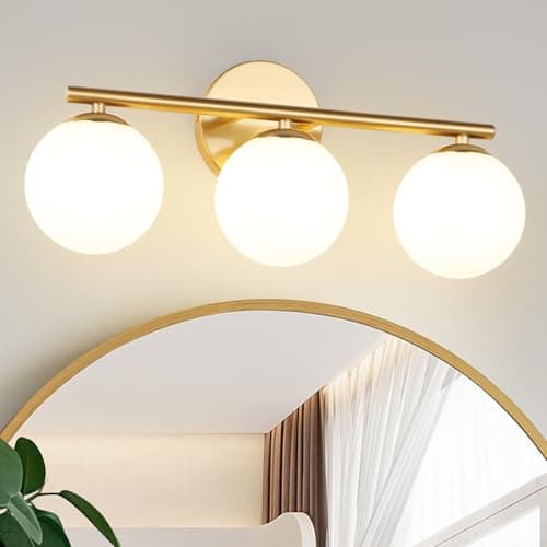 foucasal Globe Bathroom Light Fixtures 3-Light Brass Gold Vanity Light with Plastic Milk White Globe Shades 18.11 inch Wall Sconce Lighting Over Mirror, Vanity Lights for Bathroom Bedroom Hallway