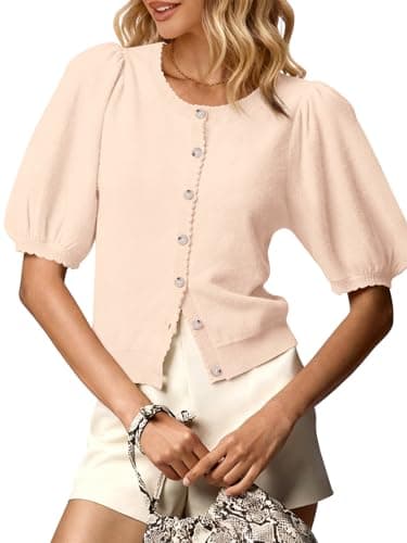 GREAIDEA Womens Puff Short Sleeve Cardigan 2026 Spring Summer Button Up Sweater Tops Business Casual Outfits Work Clothes Apricot L