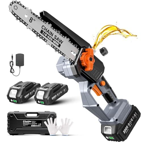 TaskStar 8-Inch Mini Chainsaw Cordless, Brushless Motor, 2×2000mAh Batteries, Lightweight One-Handed Electric Chainsaw for Cutting Thick Branches, Tree Trimming, Wood Cutting, Beginner Friendly