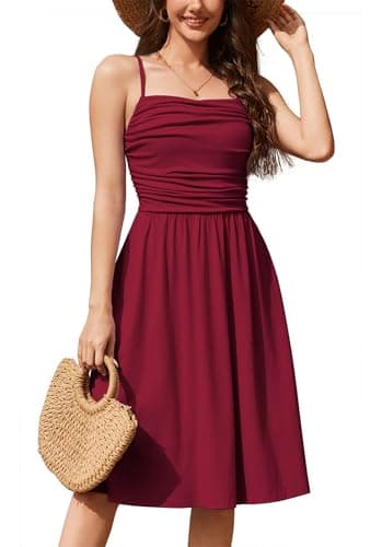 Lamilus Women's Burgundy Summer Dresses Knee-Length Sundress Square Neck Ruched Waist A-Line Dress with Pockets Adjustable Strap Elegant Date Night Dress (X-Large, Burgundy-DR001)