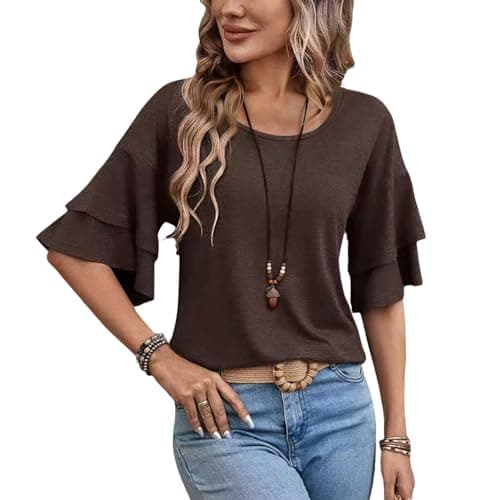 Womens Crew Neck Double Ruffle Short T-Shirt Spring Summer Fall Tops