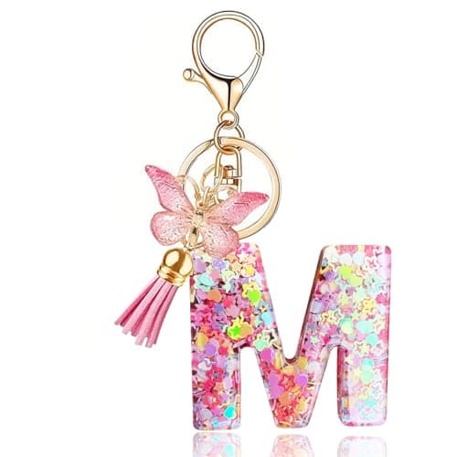 HLUWA Initial Letter Keychains for Women, Pink Sequin Alphabet Charm with Tassel Butterfly Keychain for Wallet Backpack Bag Charm. (M)