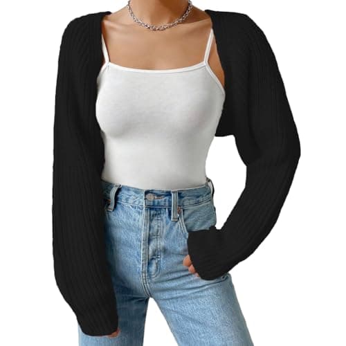 Fuimsul Women Open Front Ribbed Knit Crop Bolero Drop Shoulder Long Sleeve Solid Loose Fit Knitted Crop Cardigan Shrug Black