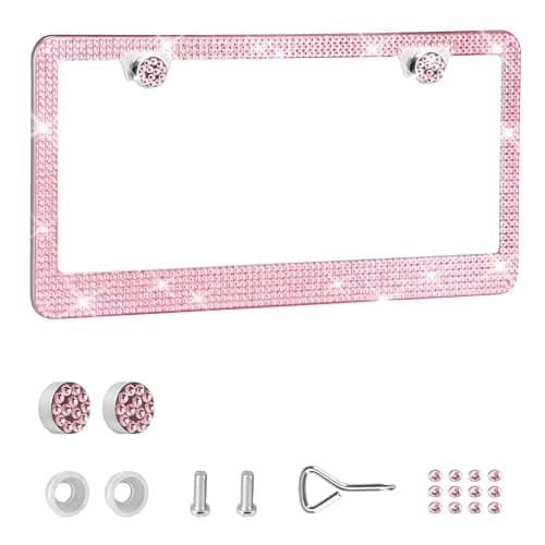 JAGASOL Bling License Plate Frame, Premium Stainless Steel Rhinestone License Plate Frames for Men and Women, Sparkly Plate Crystal Caps, Pink