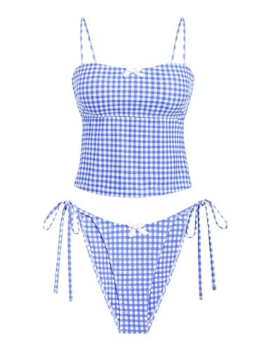 seamoly Two Piece Bathing Suits Tankini Sets for Women High Cut Spaghetti Strap Tie Back Bikini Swimsuits Sky Blue Gingham XL