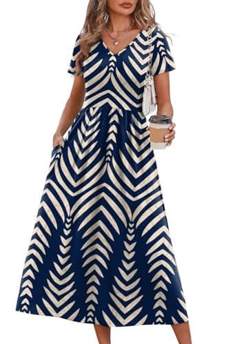 OFEEFAN Summer Dresses for Women Flowy Short Sleeve V Neck A Line Dress Spring Beach Vacation Casual Dresses Midi Maxi Dress Sundresses for Women Navy Print L