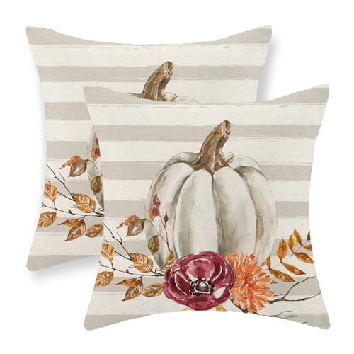 Gohdiwh Fall Pillow Covers 18x18 Set of 2 Leaf Branch Floral Stripes White Pumpkin Pillowcase Fall Decor Outdoor Throw Pillow Covers Autumn Thanksgiving Decorations Linen Cushion Case for Couch Home