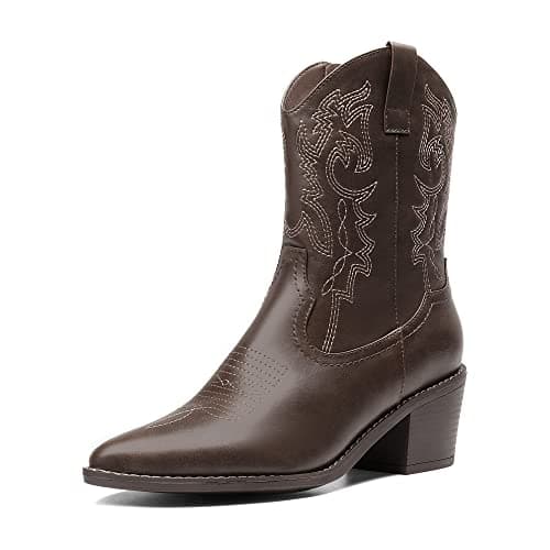 DREAM PAIRS Women's Cowboy Boots, Pointed Toe Chunky Heel Cowgirl Boots, Zipper Pull-On Stitched Western Boots Ankle Boots for Ladies,Size 6.5,Dark Brown,SDAB2219W