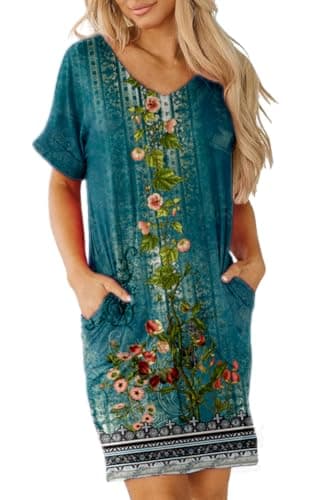 Camisunny Casual Summer Beach Dresses for Women with Pockets Printed Flower Printed Peacock Blue T Shirt Dress Size S