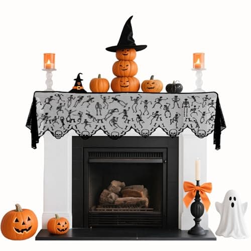 On-Airstore Halloween Mantle Scarf Skeleton Fireplace Scarf Black Embroidered Lace Table Runner Skull Mantle Cover for Halloween Fireplace Decoration Halloween Party Supplies 79 x 20 Inch