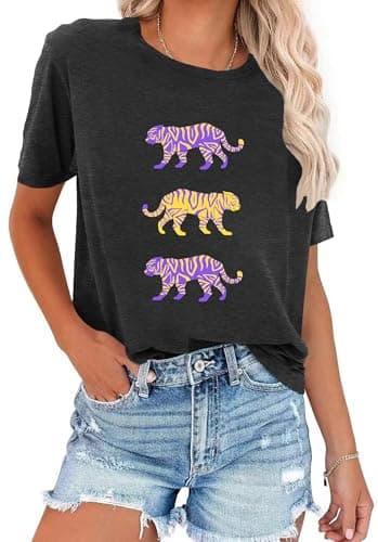 Tiger Shirt Women Vintage Tiger Printed Tee Shirts Mardi Gras T-Shirt Funny Animal Graphic Casual Tops