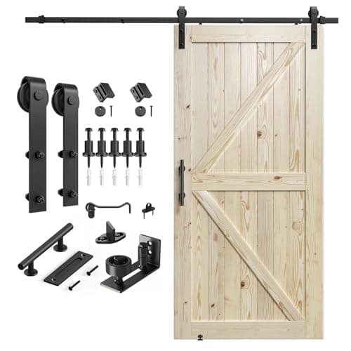 SMARTSTANDARD 42in x 84in Sliding Barn Door with 7ft Barn Door Hardware Kit Included, Unfinished Solid Spruce Wood Door, Assembly Required, DIY, Stainable, Natural