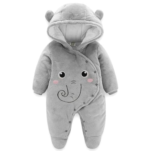JiAmy Newborn Baby Winter Hooded Romper Fleece Snowsuit Jumpsuit Cartoon Elephant Outfits Grey 9-12 Months