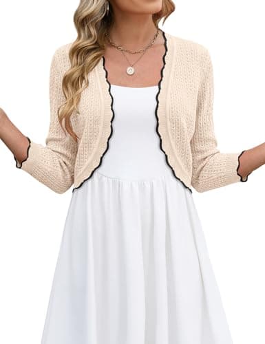 LOMON Womens Summer Cardigans for Women Lightweight 3/4 Sleeve Cropped Bolero Shrug Open Front Crochet Knitted Sweater, L Apricot Black