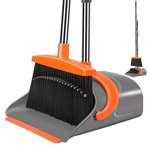 Ivandar Broom and Dustpan Set for Home, Broom and Dustpan Combo for Office, Long Handle Broom with Upright Standing Dust pan,Indoor&Outdoor Sweeping (Gray&Orange)