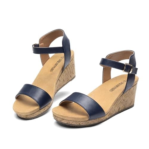 DREAM PAIRS Women's Open Toe Buckle Ankle Strap Platform Wedge Sandals for Women Summer Dressy Shoes,Size 5.5,Navy,NINI-8
