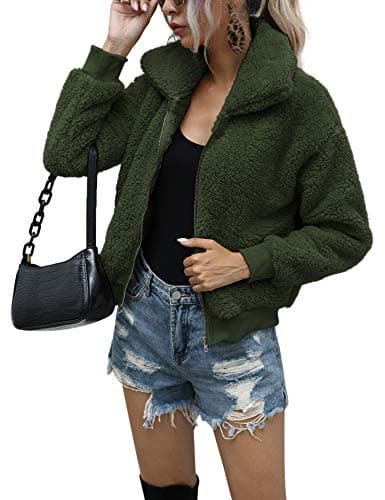 AKEWEI Teddy Bear Jacket for Women Soft Fuzzy Short Winter Coat with Pockets Lapel Fleece Warm Winter (ArmyGreen,L)