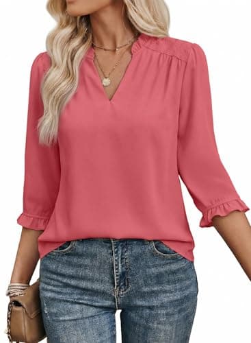 EVALESS Work Tops for Women Spring Summer 3/4 Length Sleeve Lace Patchwork V Neck Business Blouses Dressy Casual Coral L