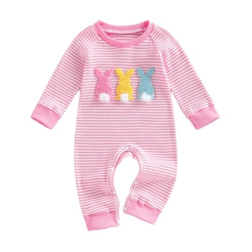 Thopavenoir Newborn Baby Girl Easter Striped Outfit Bunny Carrot Embroidery Jumpsuit Long Sleeve Romper Cute Spring Clothes (Pink, 6-12 Months)