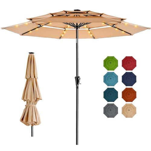HOMSHADE 3-Tier Patio Umbrella with Solar Lights(Beige,No Base)