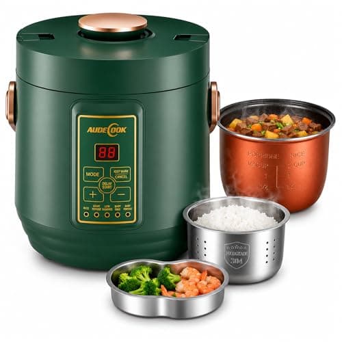 Audecook Low Carb Rice Cooker, 2-Cup Uncooked 1.2L Mini Multicooker, 7-in-1 Portable Non-Stick Rice Maker with Stainless Steel Steamer, 24H Delay Timer & Auto Keep Warm, Green