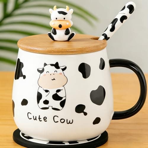 Disoza Cow Mug with Lid Cow Cup 420ML Coffee Mug Gift Cow Ceramic Teacup with Spoon & Coaster Tea Coffee Christmas Mugs Birthday Gift for Wife Girlfriend