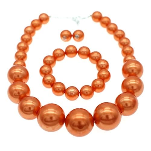 Chunky Pearl Choker - Large Statement Necklace Set - Faux Pearl & Earrings - Big Beaded Costume Jewelry (Orange)