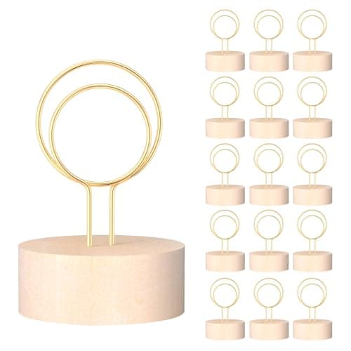 Oubest Table Number Holders with Metal Wire and Wooden Base, 16 PCS Place Card Holders for Table Centerpieces Wedding Party Birthday Decor, Wood Sign Stands for Display Picture Photo Food Iabel, Gold