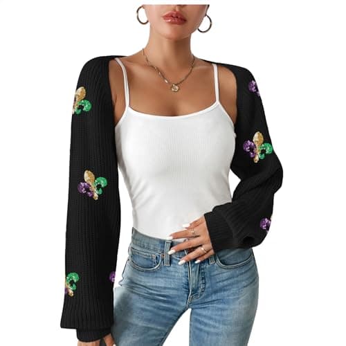 Durio Bolero Shrug Mardi Gras Cardigan for Women Cropped Womens Sweater Tops Y2K Long Sleeve Cropped Open Front Top Womens Gifts Large