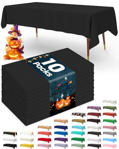 Pureegg Plastic Table Cloth Disposable 10 Pack, 54 x 72 Inch Table Cloths, Halloween Party Decorations, Summerween Decor, Halloween Tablecloths, Rectangle, Plastic Cover, Leakproof & Sturdy, Black