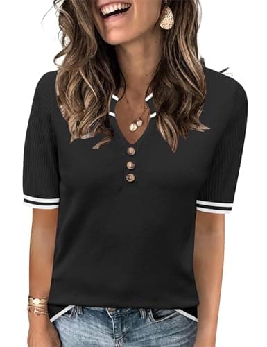 LOMON Spring Sweaters for Women 2026 Trendy V Neck Summer Tops Short Sleeve Casual Work Knit Clothes Black+Stripe S