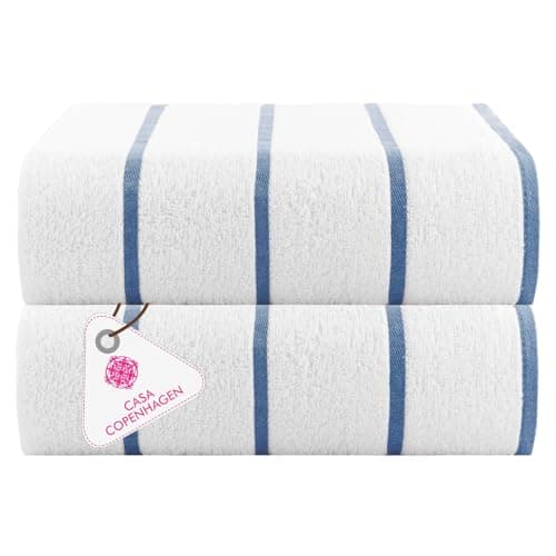 CASA COPENHAGEN Cabana Pool 2Pcs 100% Egyptian Cotton XL Designer Bathsheet Beach Towels Gift Set- White Ink Blue, 500GSM, 35"x70", Bath Sheet Beach Towels (Box Pack, Set for Women & Men)