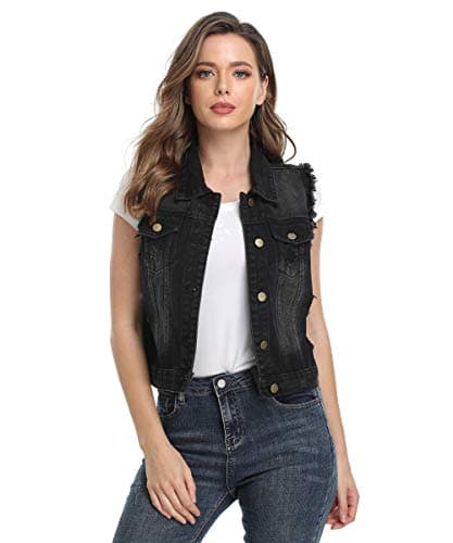MISS MOLY Women Denim Vest Sleeveless Jean Vest with Chest Pockets Black 2 XS