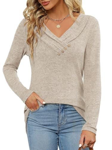 FMEYOA Women's Fall Long Sleeve Tunic Tops for Leggings V Neck Casual Shirt