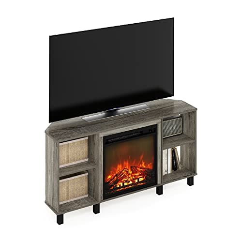 Furinno Jensen Corner Fireplace TV Stand with 4 Open Compartments for TV up to 55 Inches, French Oak Grey
