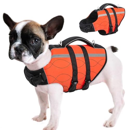 Queenmore Small Dog Life Jacket,Dog Life Vest for Small Dogs,Reflective Puppy Safety Vest with Superior Buoyancy and Rescue Handle, Adjustable Dogs Swimsuit Float Coat for Swimming Boating(Orange,S)