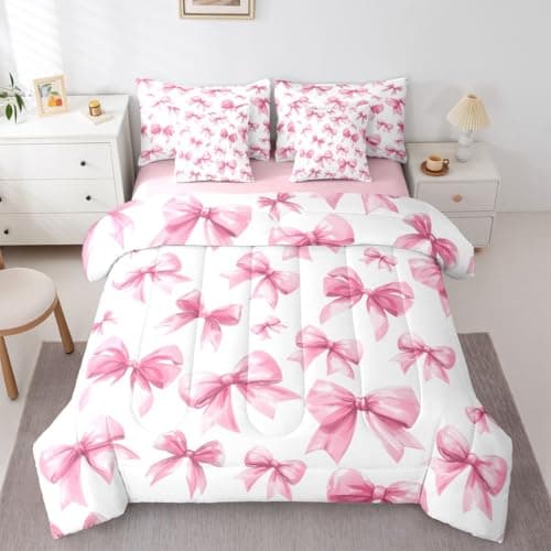 Feelyou Pink Bow Comforter Set with Sheets 7 Piece Twin Size Cute Bowknot Bed in a Bag Kids Boys Girls Princess Decor Bedding Set Kawaii Bedroom Decor Breathable Soft Lightweight Microfiber