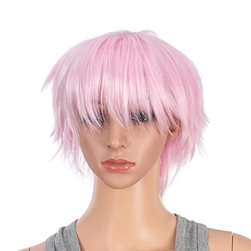 SWACC Unisex Fashion Spiky Layered Short Anime Cosplay Wig for Men and Women (Light Pink)