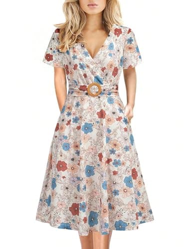 A-Line Dress for Women Petite Elegant Criss-Cross V Neck Church Vintage Floral Print Casual Tea Fit and Flare Dresses with Pockets 980 Yellow White S