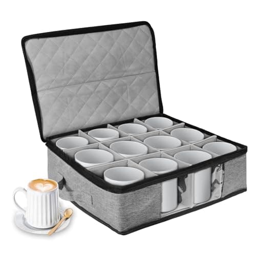 BOHEMIABY Coffee Cup Storage Organizer, Mug Boxes with Dividers, Stackable & Hard Shell China Mug Boxes with Sturdy Handle, Tea Cup Storage Holds 12 Mug or Glass Cup