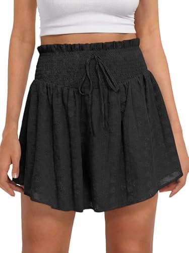 Caracilia Womens Summer Eyelet Mini Skirts High Waist Smocked Layered Ruffle Cute Boho Short Skorts 2026 Casual Beach Outfits Black Medium