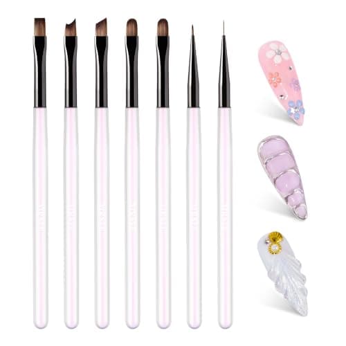 AIRSEE Gel Polish Nail Art Brushes set, 7PCS Nail Art Design Tools with Painting, Polish, Liner, Detail, Extension, and Carved Brush, DIY Manicure Tools Gift for Women, Aurora White