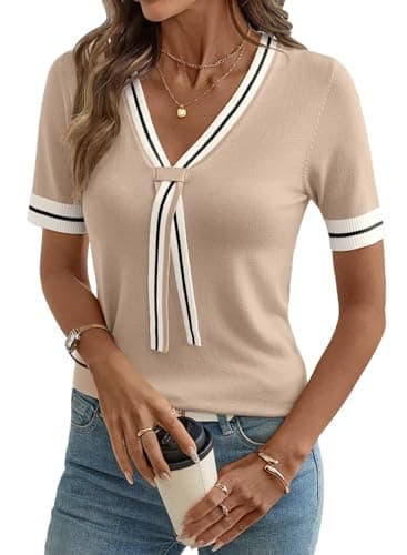 Dokotoo Women’s Lightweight Knit Top Chic Short Sleeve Sweater for Women Work Daily Wear Knit Blouse Summer Short Sleeve Shirts Fashion Clothing 2026 Spring Beige 2XL