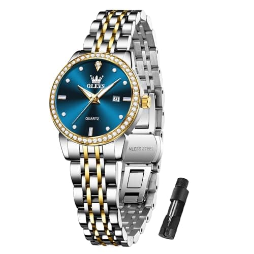 OLEVS Blue Watches for Women Simple Two Tone Stainless Steel Dress Watch