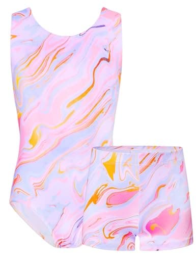 TENVDA Girls Gymnastics Leotards Pink Marble Sleeveless Tumbling Outfit Set