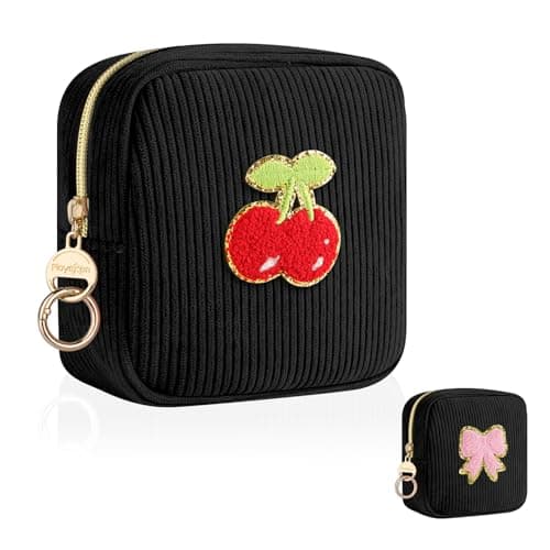 Playexen Corduroy Period Bag, Personalized Small Period Pouches for Teen Girls, Cute Sanitary Napkin Storage Bag, Bow Compact Discreet Pad and Tampon Holder for Purse (Chenille Patch-Cherry)