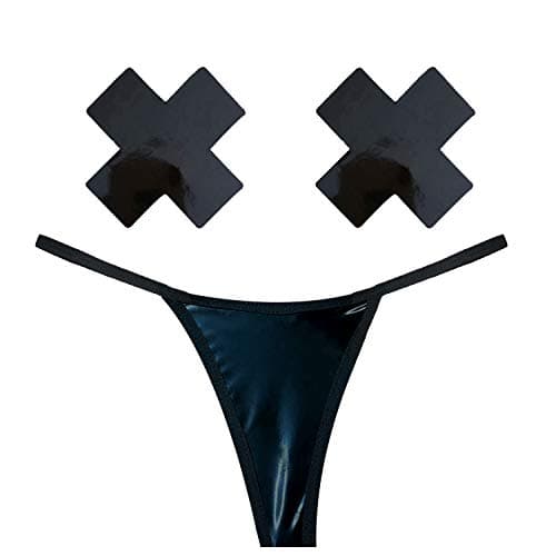 Neva Nude DOM Squad Wet Vinyl Black Naughty Knix G String Panties and Matching X Factor Nipztix Pasties Set