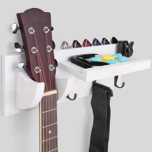 Bikoney Guitar Wall Mount Hanger with Shelf, Guitar Holder Wall with Pick Holder and 3 Hooks, Guitar Stand Wall for Acoustic, Electric, Bass, Ukulele, Vintagte White [U.S. Patent]