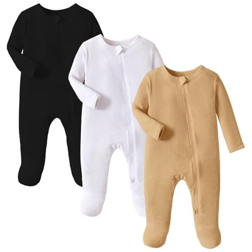 OPAWO Newborn Baby Pajamas with Mitten Cuffs, Newborn Sleepers Baby Boy Two Way Zipper Onsies, Ribbed Footie Pajamas(Black,White,Khaki,3-6 Months)